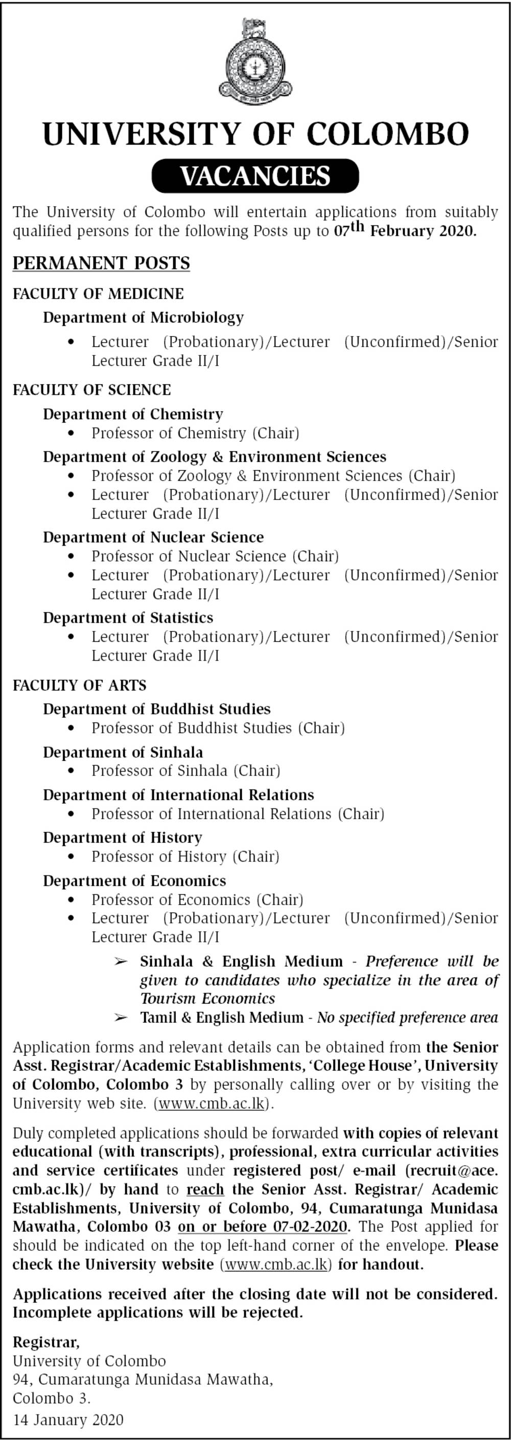 Lecturer, Senior Lecturer, Professor - University of Colombo