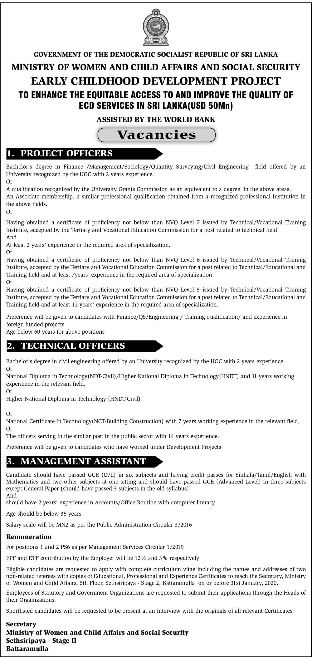 Management Assistant, Technical Officer, Project Officer - Ministry of Women & Child Affairs and Social Security