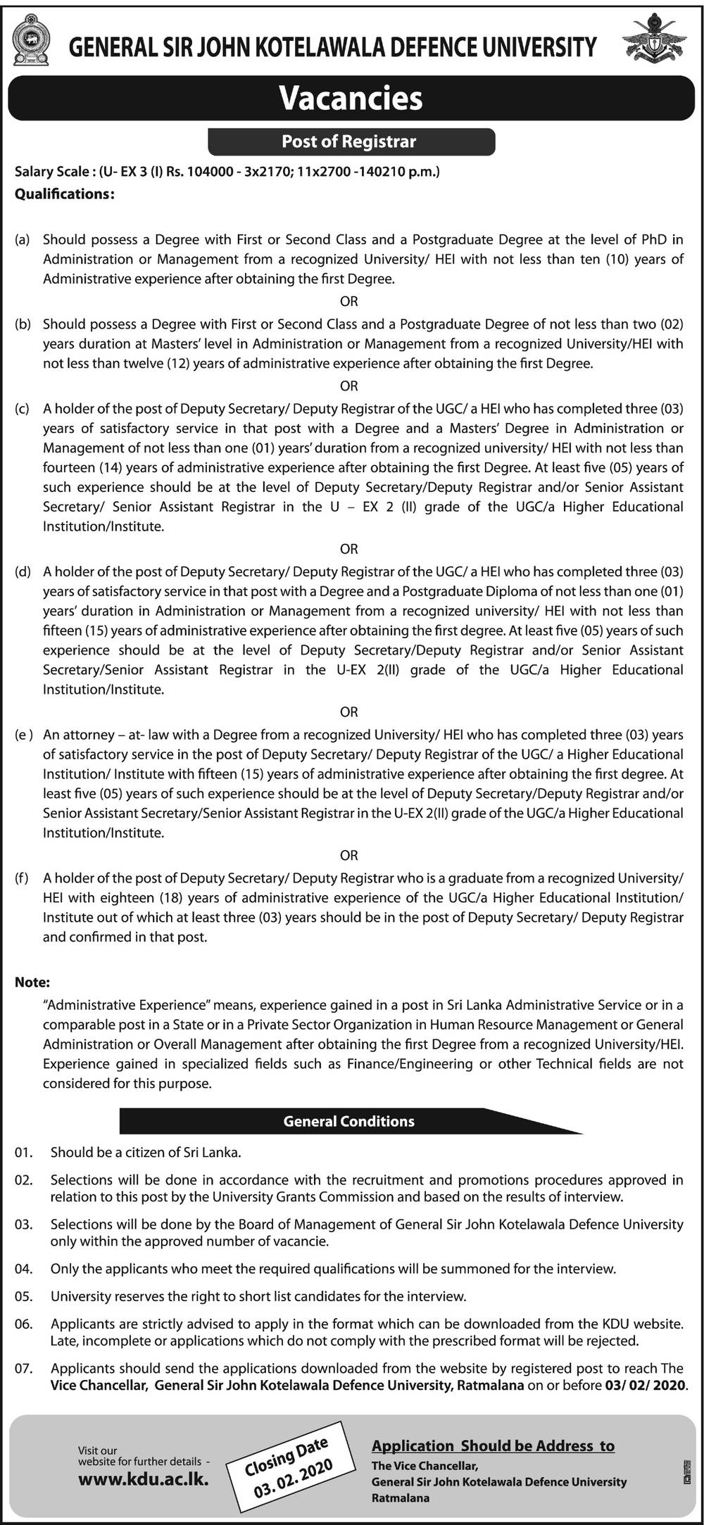 Registrar - General Sir John Kotelawala Defence University