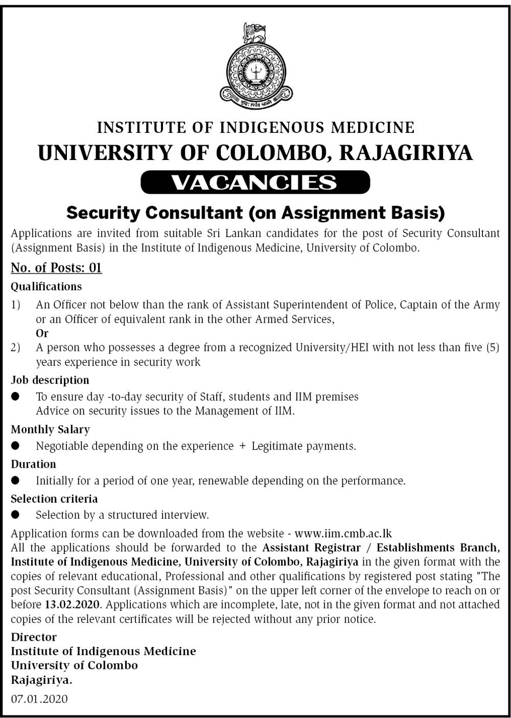 Security Consultant - Institute of Indigenous Medicine - University of Colombo