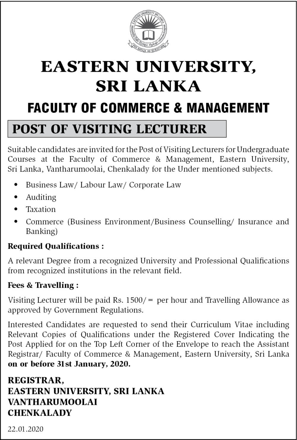 Visiting Lecturer - Eastern University, Sri Lanka