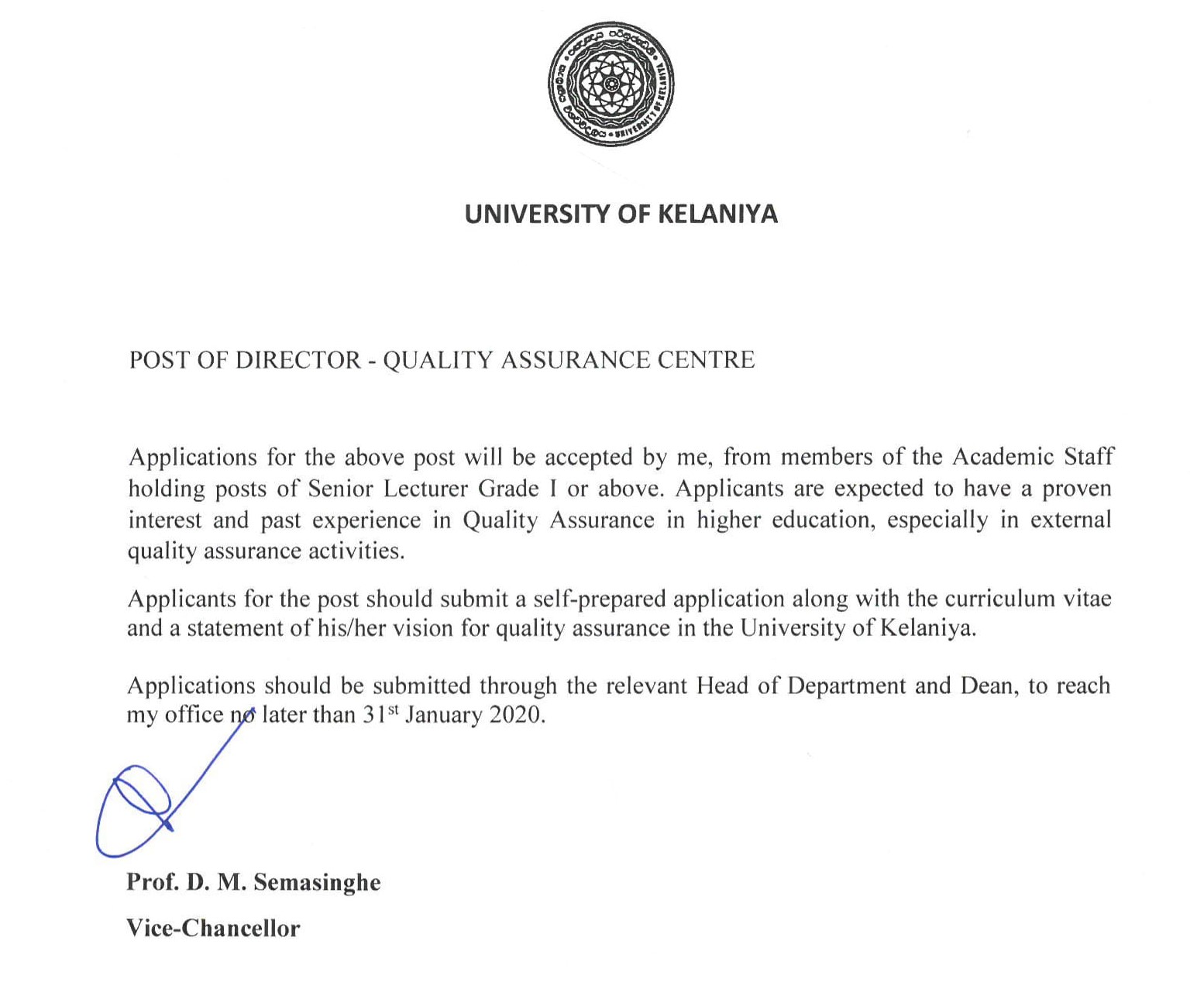 Director (Quality Assurance Centre) - University of Kelaniya