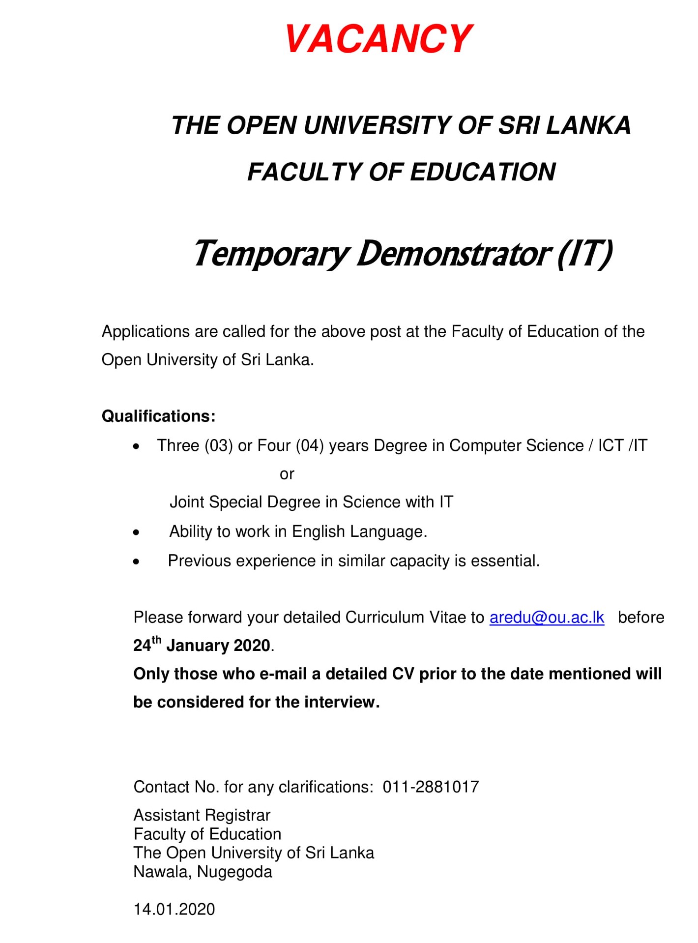 Demonstrator (IT) - The Open University of Sri Lanka