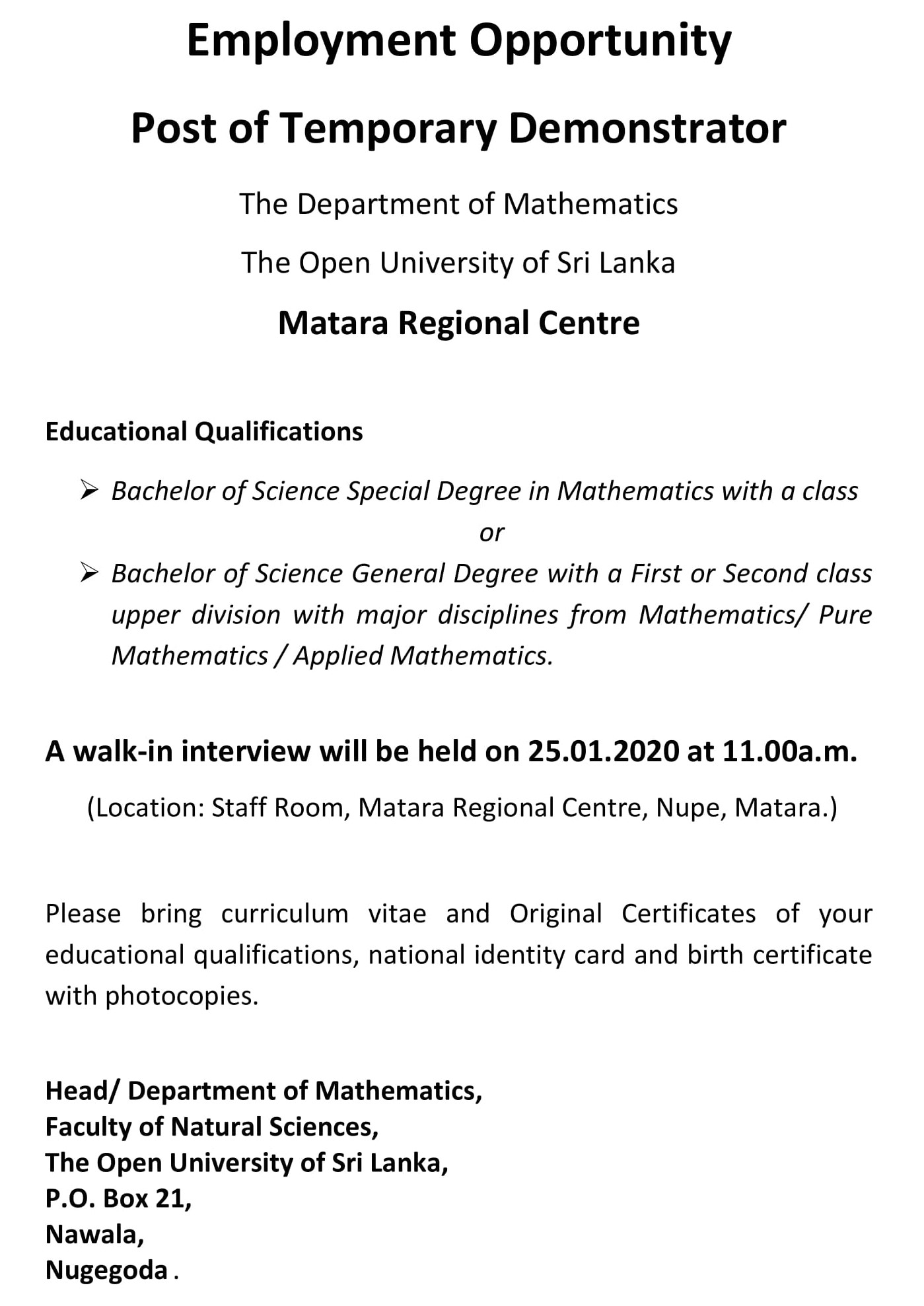 Demonstrator - The Open University of Sri Lanka