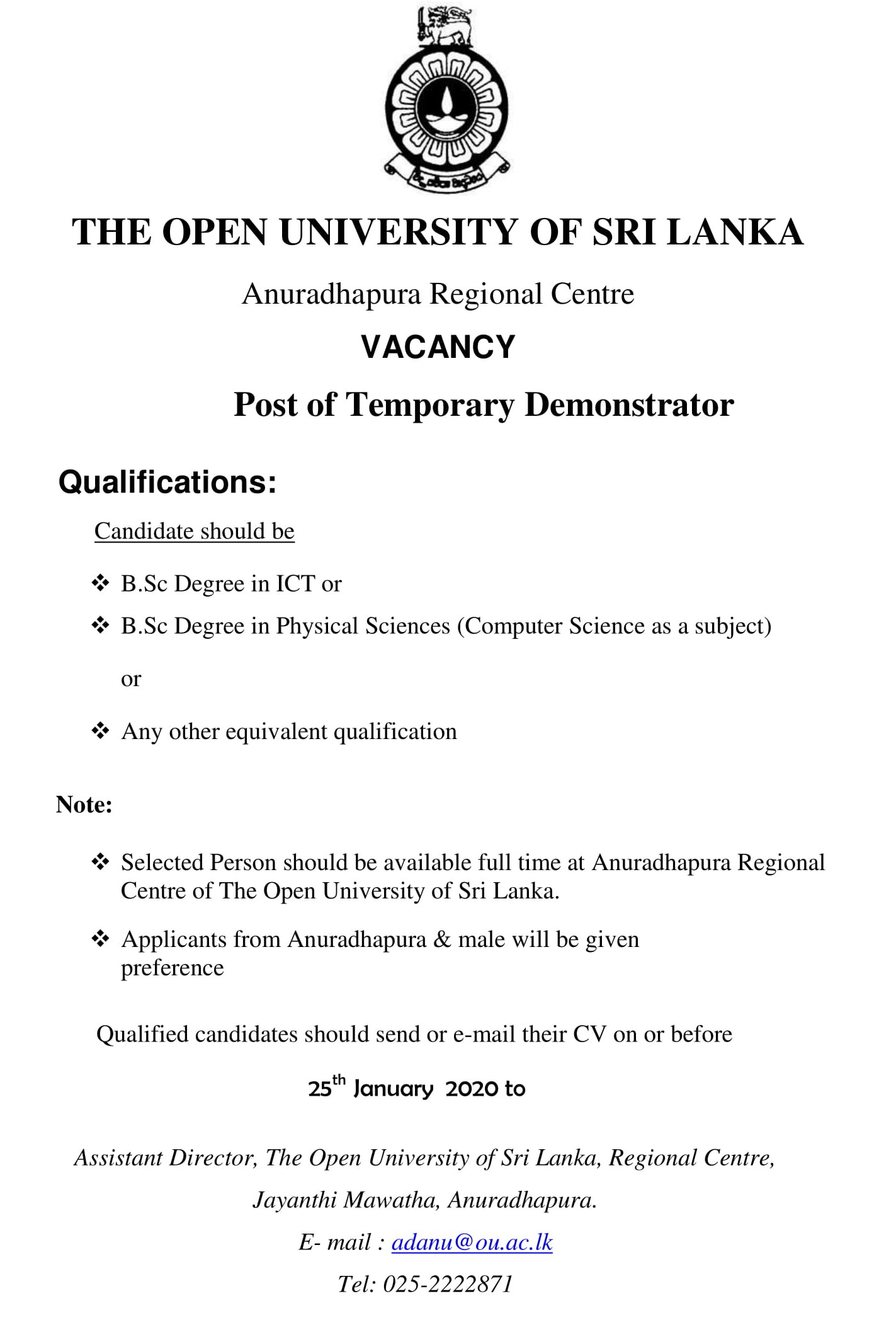 Demonstrator - The Open University of Sri Lanka