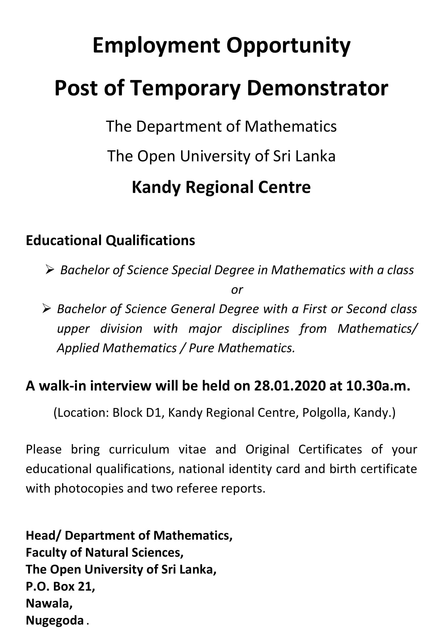 Demonstrator - The Open University of Sri Lanka