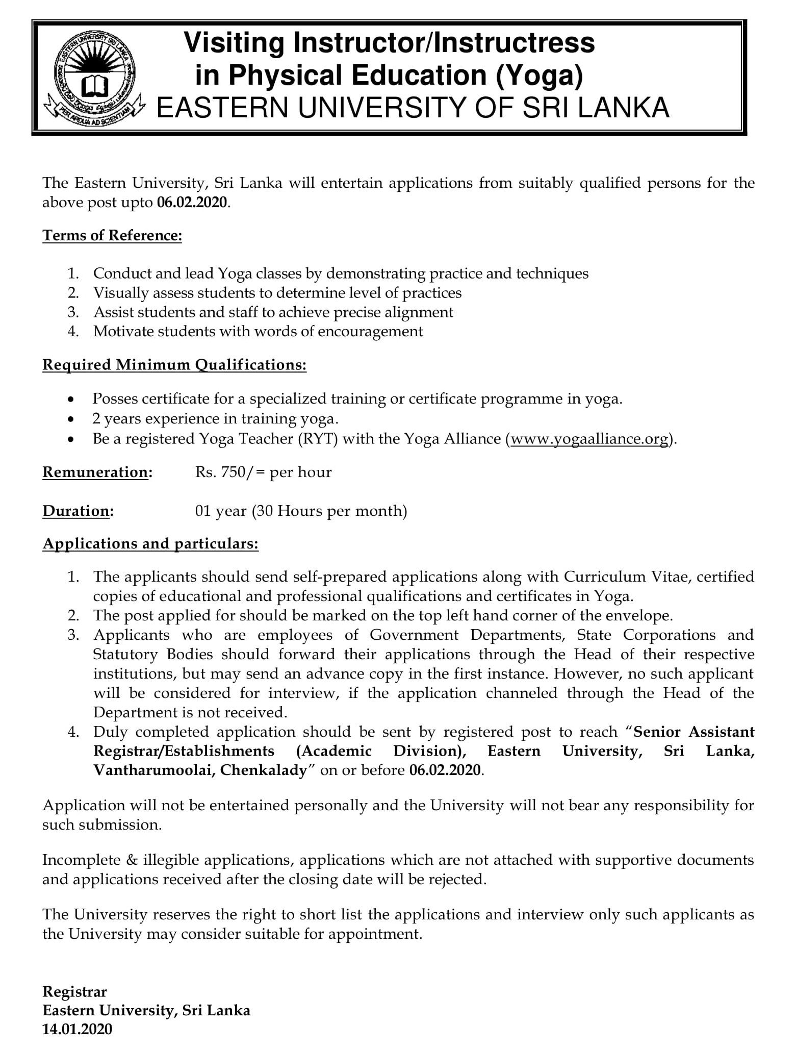 Visiting Instructor/Instructress - Eastern University of Sri Lanka