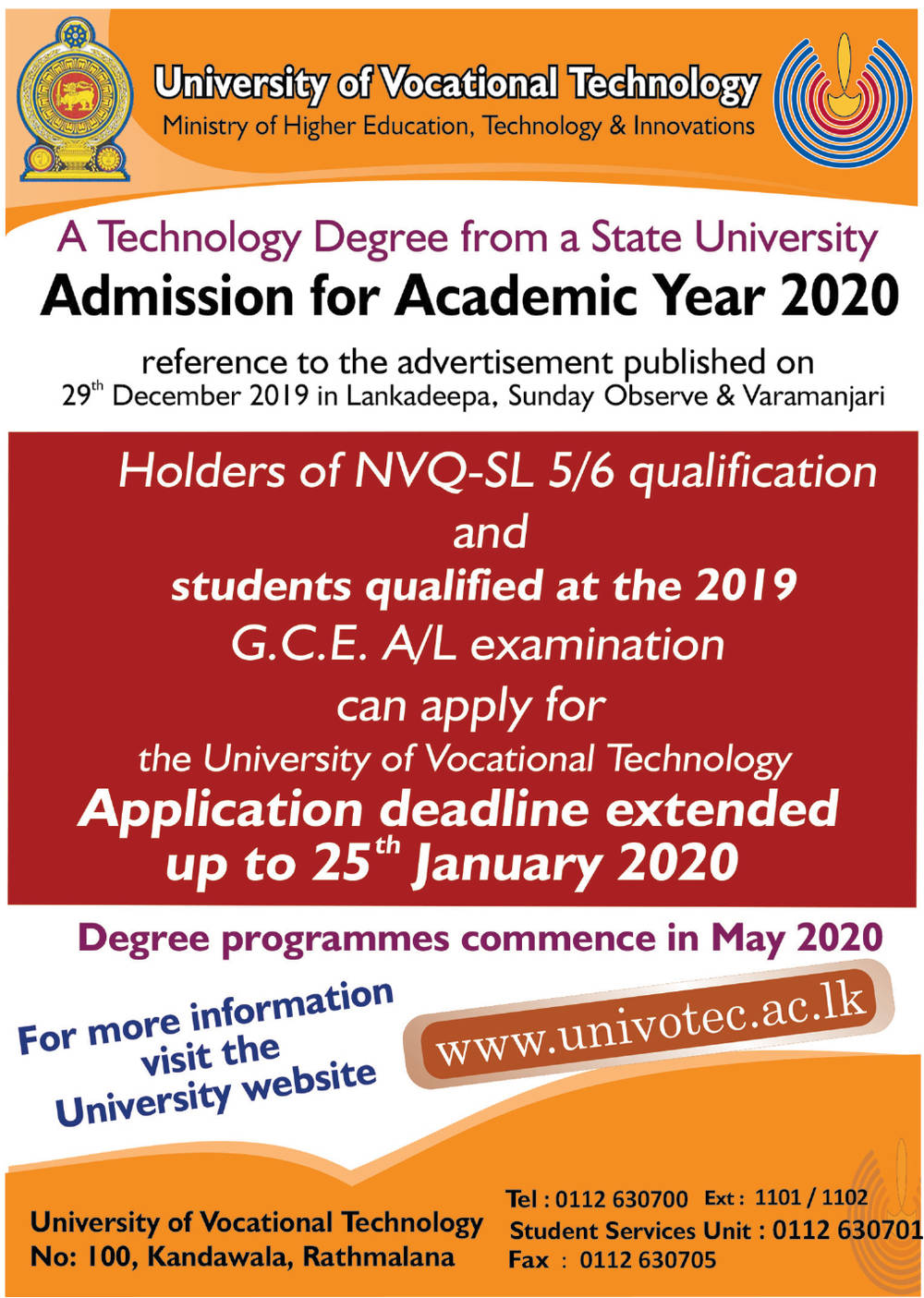 Admission for Academic Year 2020 - University of Vocational Technology