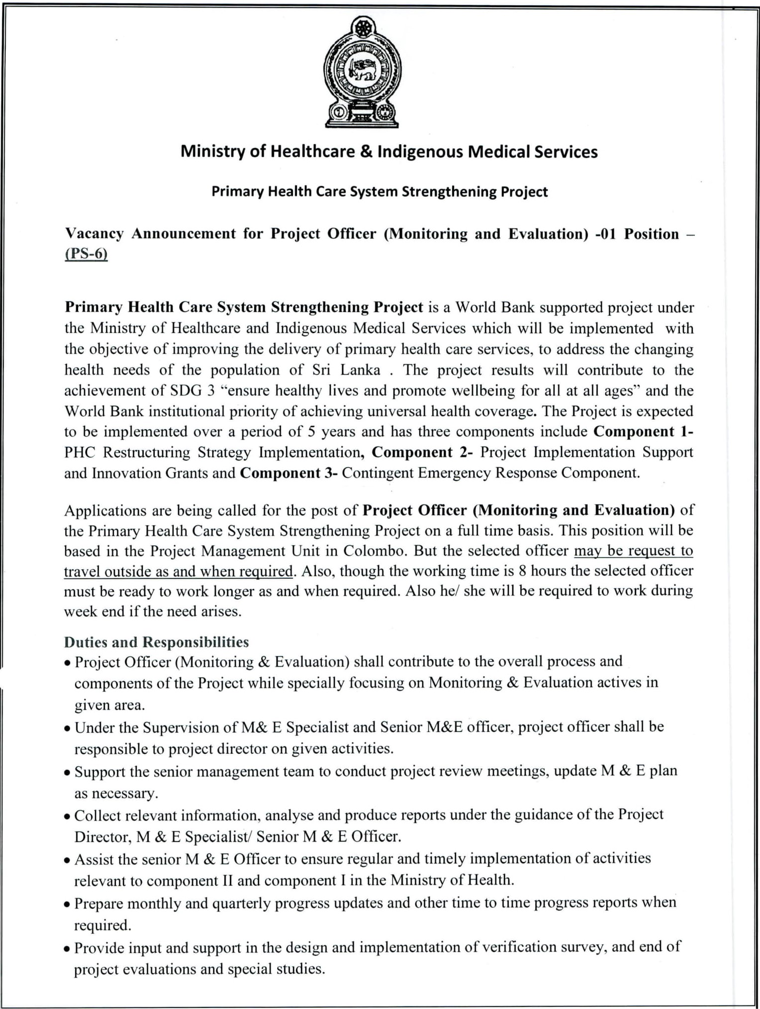 Project Officer (Monitoring & Evaluation) - Ministry of Healthcare & Indigenous Medical Services