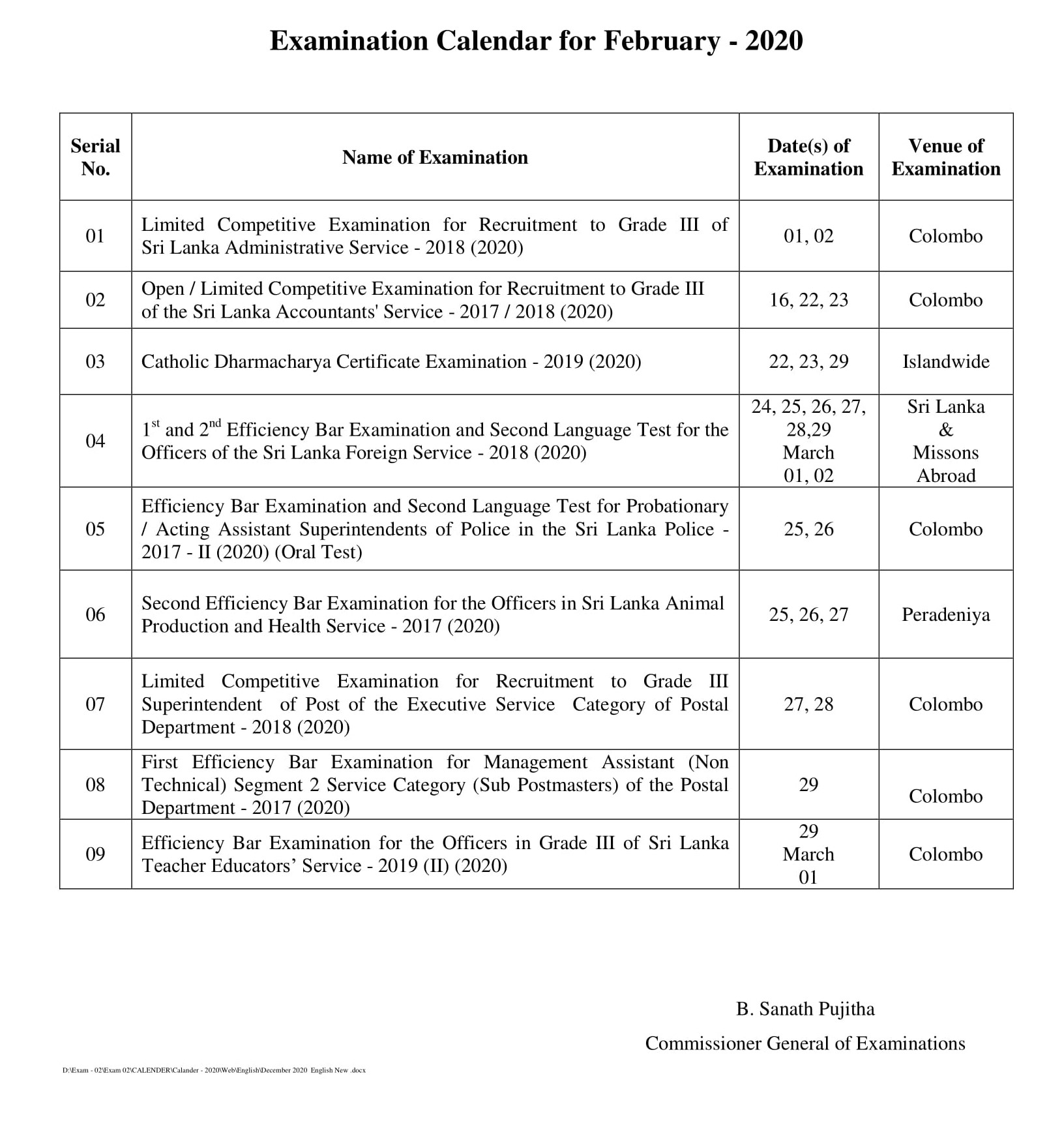 2020 February Exam Calendar - Department of Examination