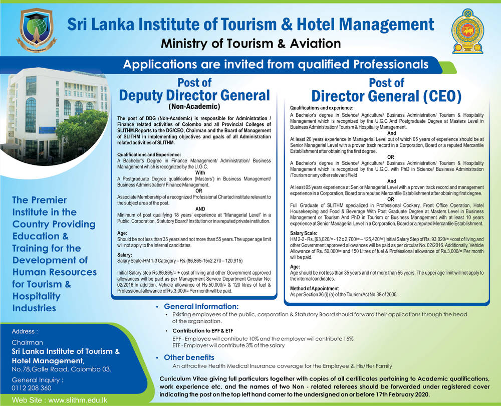 Deputy Director General, Director General (CEO) - Sri Lanka Institute of Tourism & Hotel Management