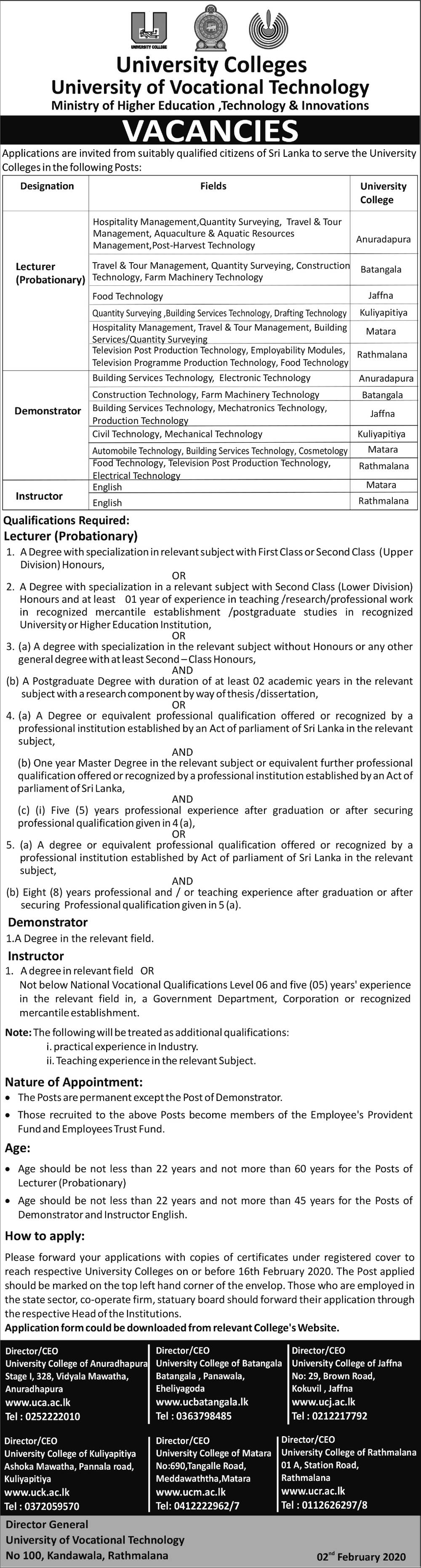 Lecturer, Demonstrator, Instructor - University of Vocational Technology