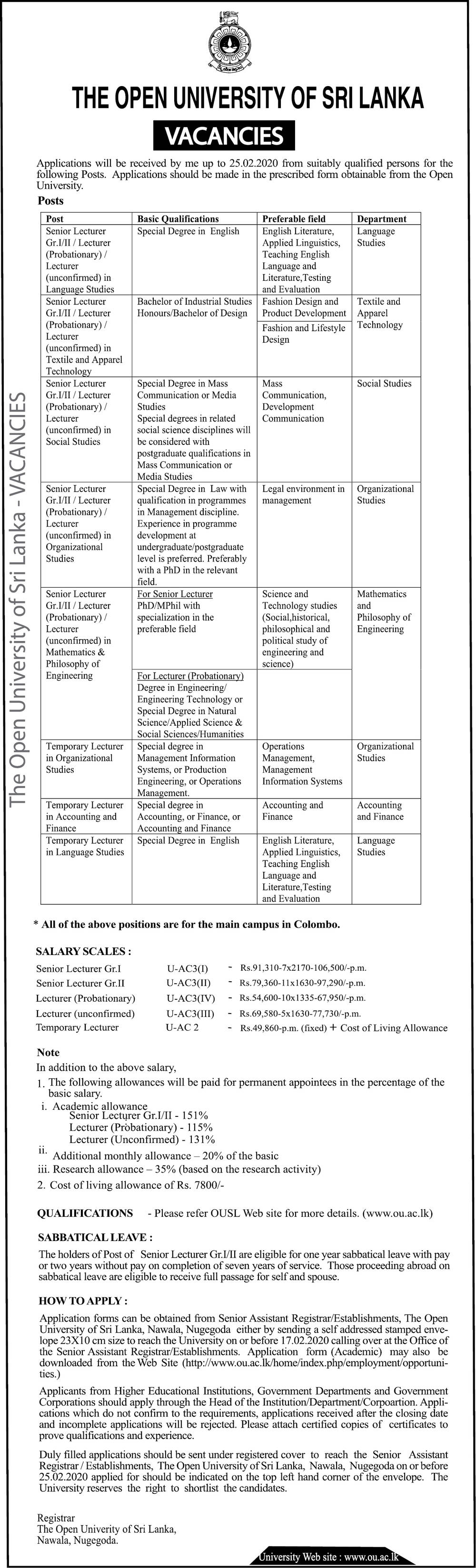 Lecturer, Senior Lecturer - The Open University of Sri Lanka