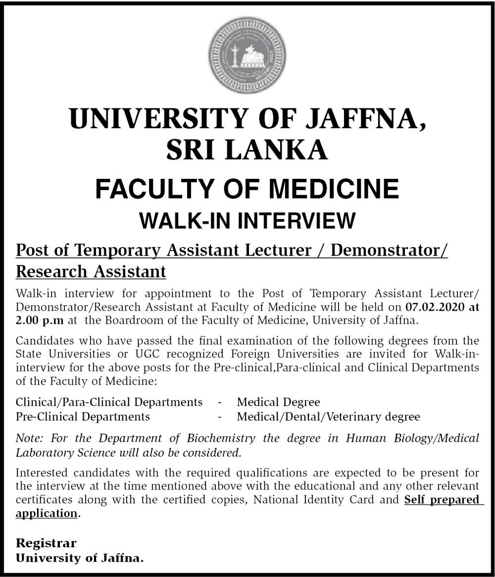 Assistant Lecturer, Demonstrator, Research Assistant - University of Jaffna