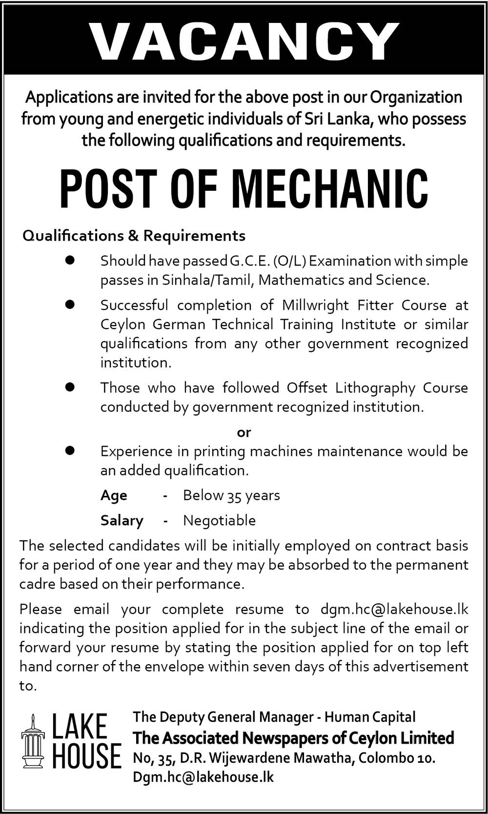 Mechanic - The Associated Newspapers of Ceylon Ltd