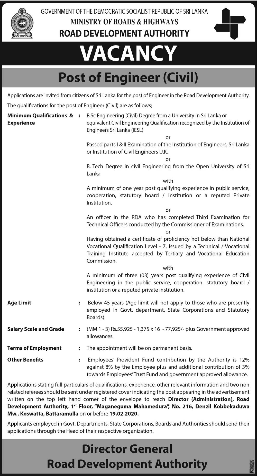 Engineer (Civil) - Road Development Authority