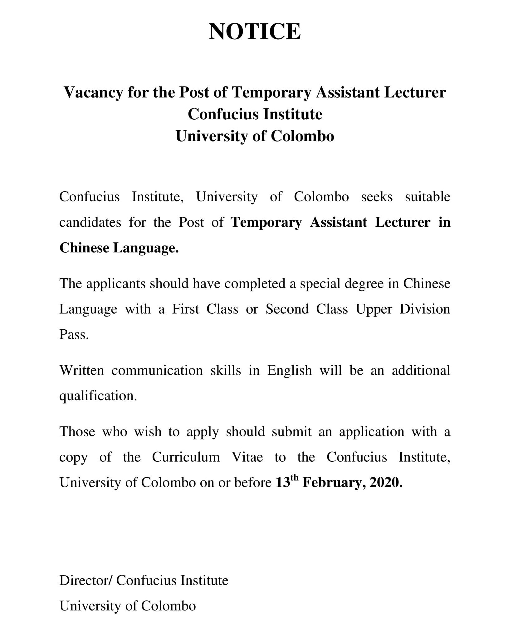 Assistant Lecturer - Confucius Institute - University of Colombo