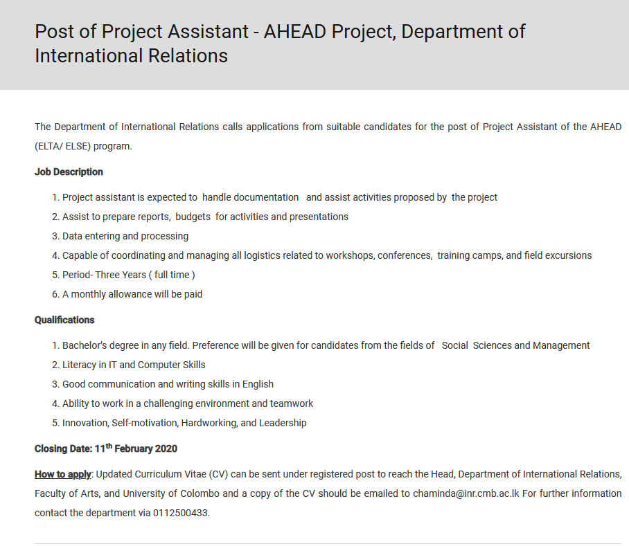 Project Assistant - Faculty of Arts - University of Colombo