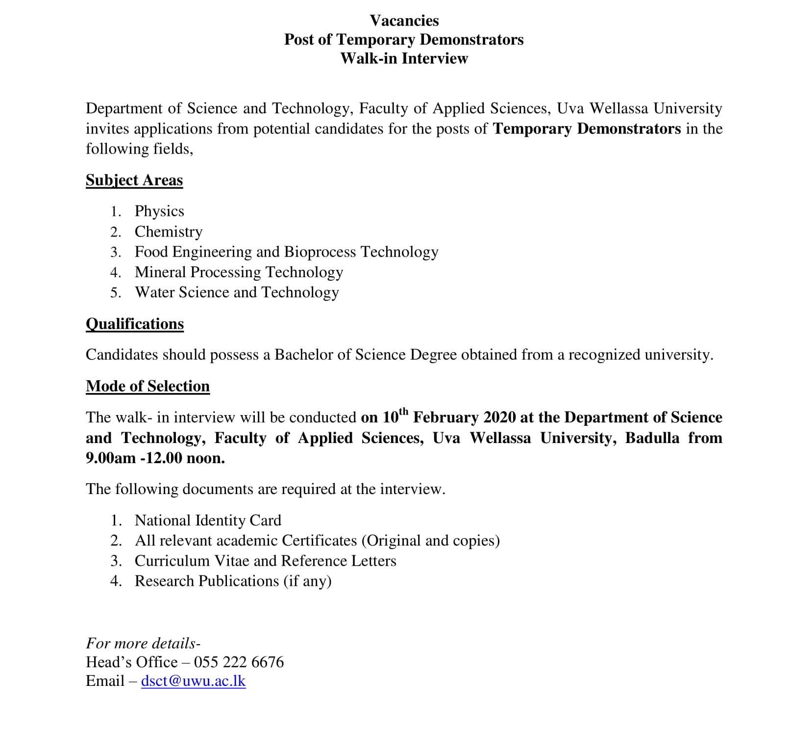 Demonstrator - Faculty of Applied Science - Uva Wellassa University