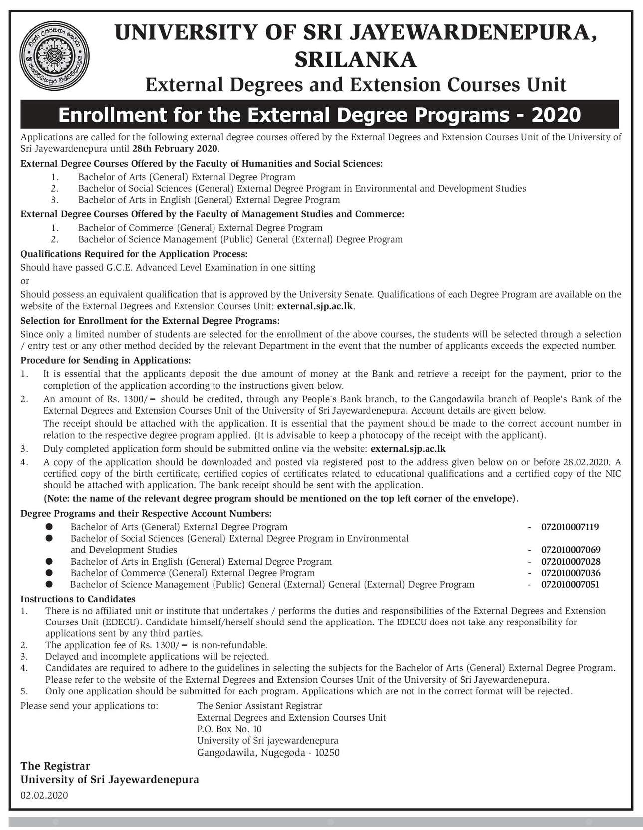 Enrollment for the External Degree Programs (2020) - University of Sri Jayewardenepura