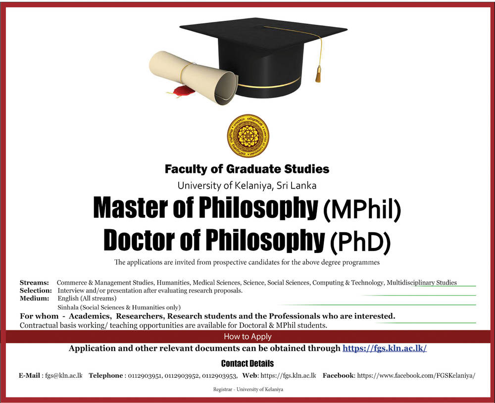 Master of Philosophy, Doctor of Philosophy - Faculty of Graduate Studies - University of Kelaniya