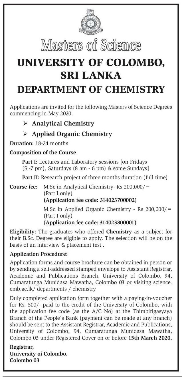 Master of Science Degree - Department of Chemistry - University of Colombo