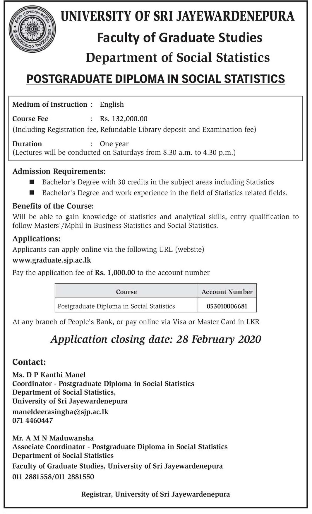 Postgraduate Diploma in Social Statistics - Department of Social Statistics - University of Sri Jayewardenepura