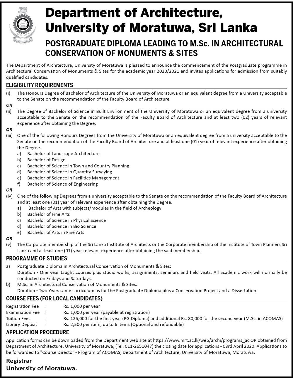 Postgraduate Diploma Leading to M.Sc. in Architectural Conservation of Monuments & Sites - Department of Architecture - University of Moratuwa