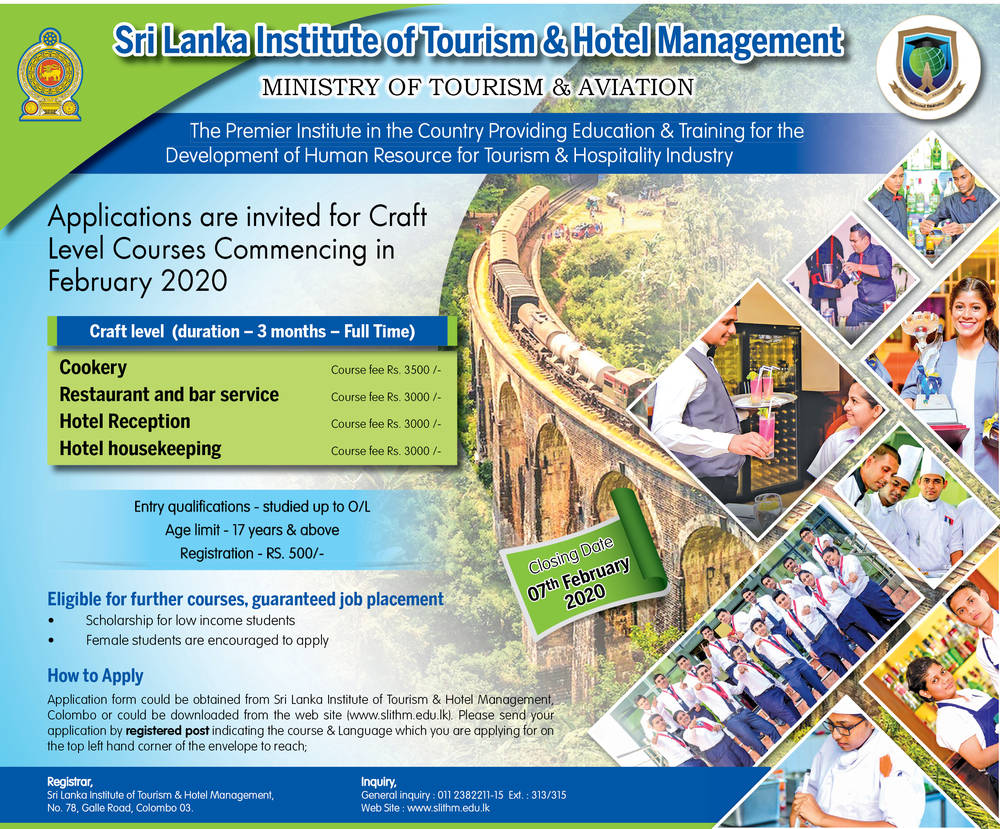 Craft Level Courses (Cookery, Restaurant & Bar Service, Hotel Reception, Hotel Housekeeping) - Sri Lanka Institute of Tourism & Hotel Management