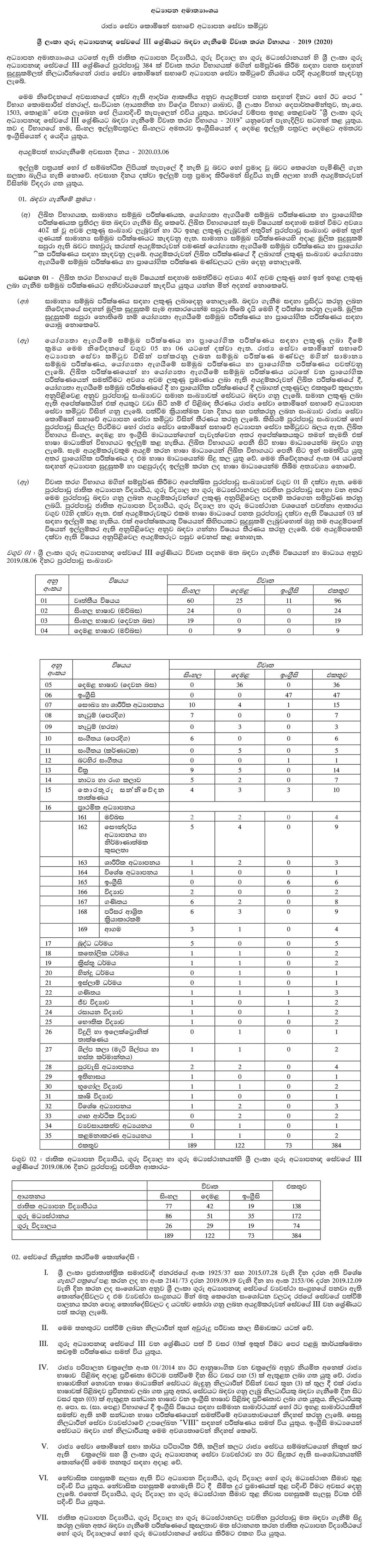 Open Competitive Examination for Recruitment to Grade III of the Sri Lanka Teacher Educators' Service 2019 (2020) -Ministry of Education