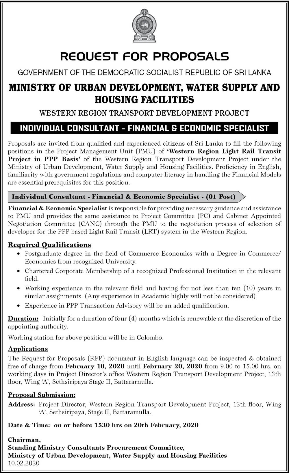 Individual Consultant (Finance & Economic Specialist) - Ministry of Urban Development, Water Supply & Housing Facilities