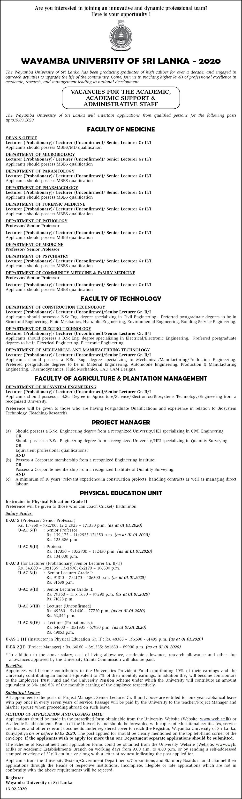 Lecturer, Senior Lecturer, Professor, Senior Professor - Wayamba University of Sri Lanka