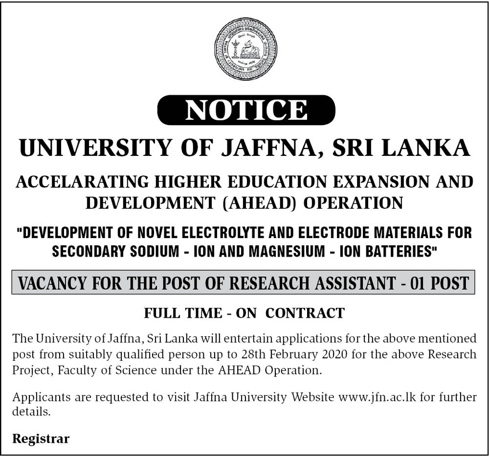 Research Assistant - University of Jaffna 