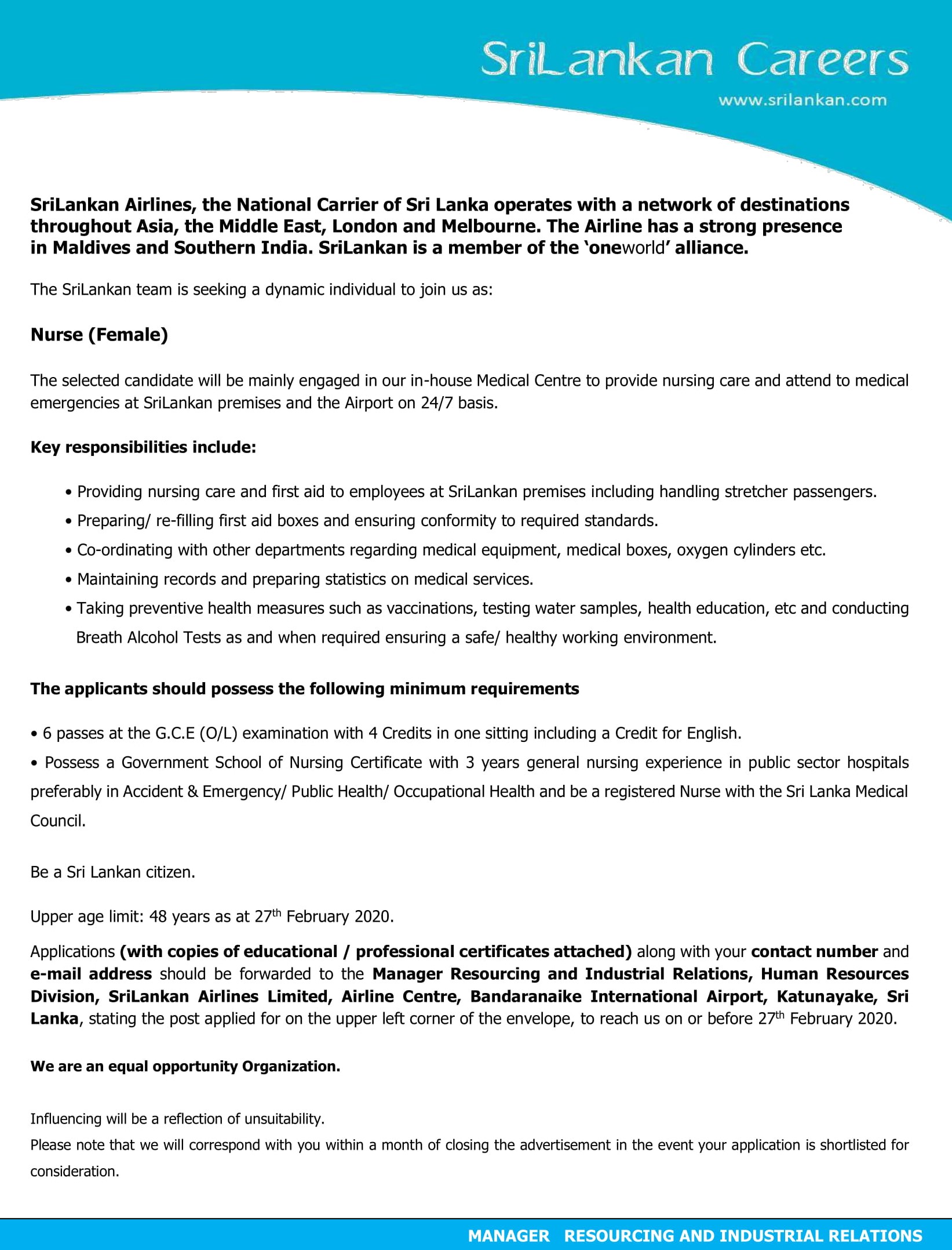 Nurse (Female) - SriLankan Airlines Ltd