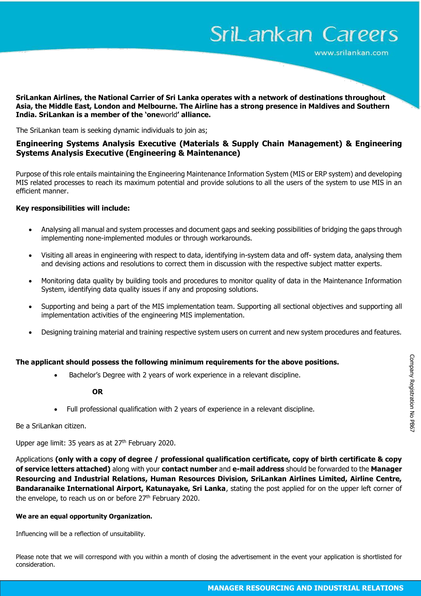 Engineering Systems Analysis Executive (Materials & Supply Chain Management, Engineering  & Maintenance) - SriLankan Airlines Ltd