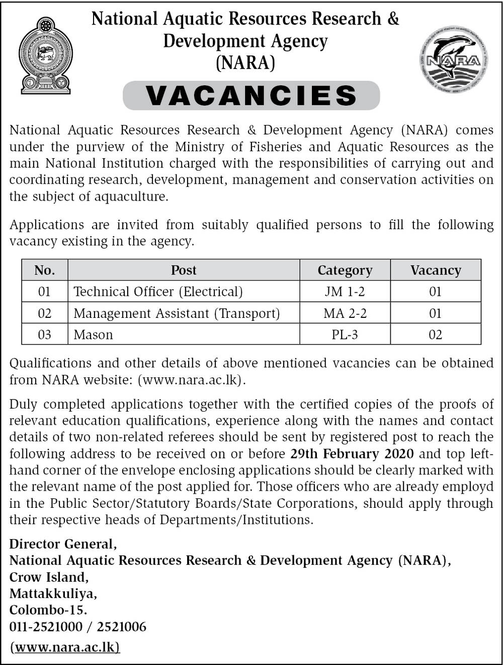 Management Assistant (Transport), Technical Officer (Electrical), Mason - National Aquatic Resources Research & Development Agency (NARA)