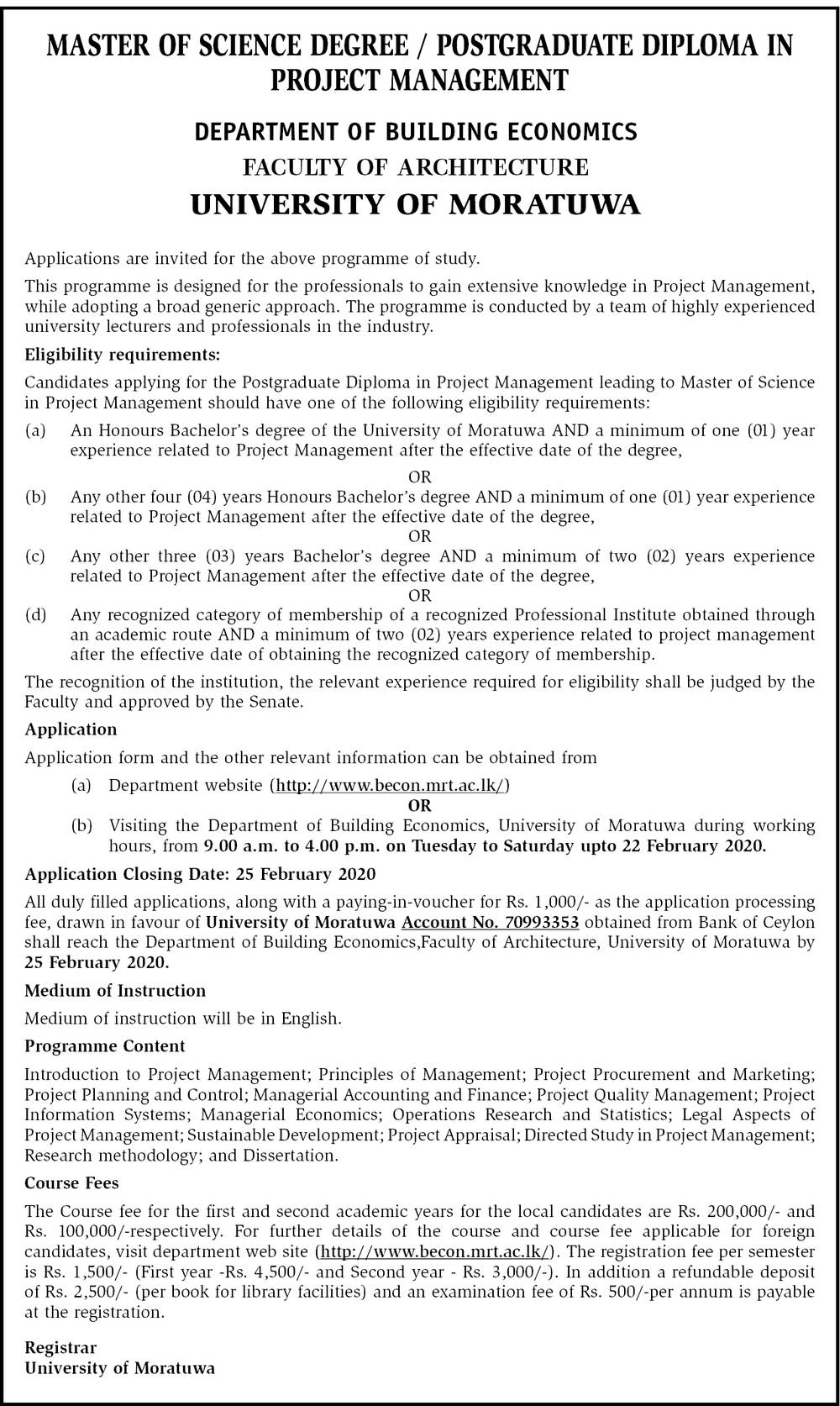 Master of Science Degree, Postgraduate Diploma in Project Management - Faculty of Architecture - University of Moratuwa