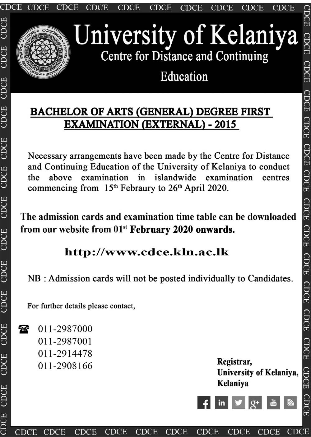 Bachelor of Arts (General) Degree First Examination - Centre for Distance & Continuing Education -University of Kelaniya