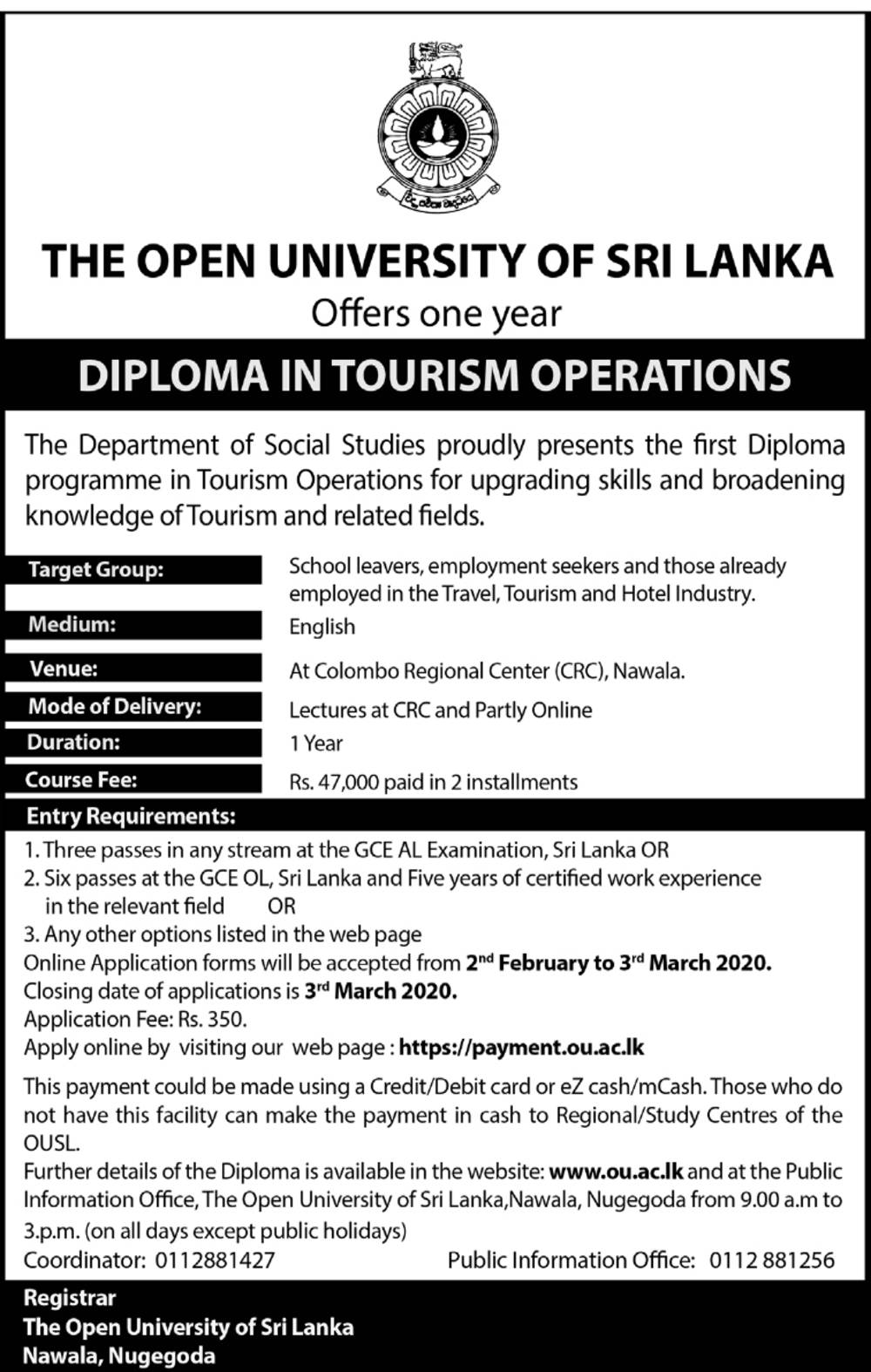 Diploma in Tourism Operations - The Open University of Sri Lanka