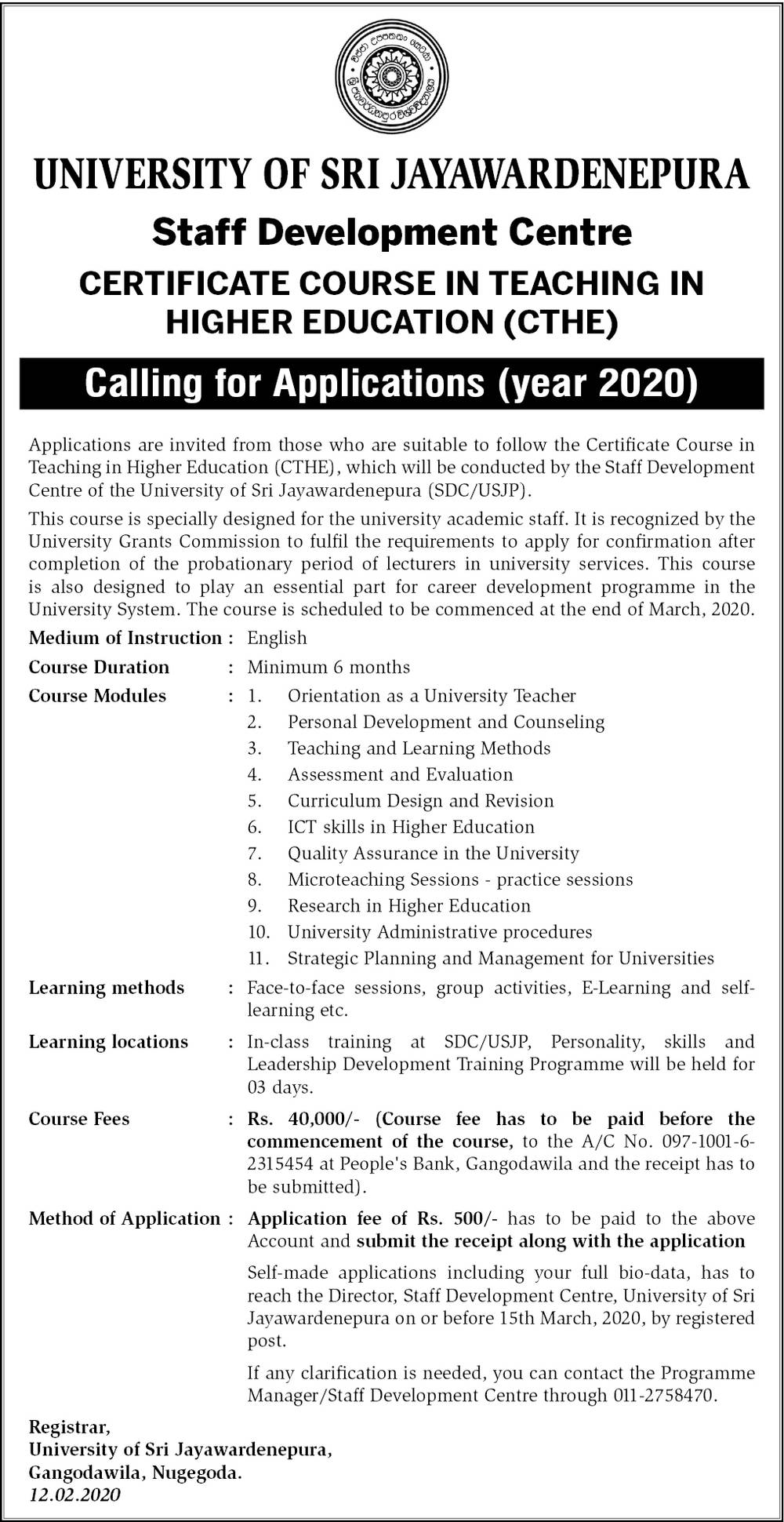 Certificate Course in Teaching in Higher Education (CTHE) - University of Sri Jayewardenepura