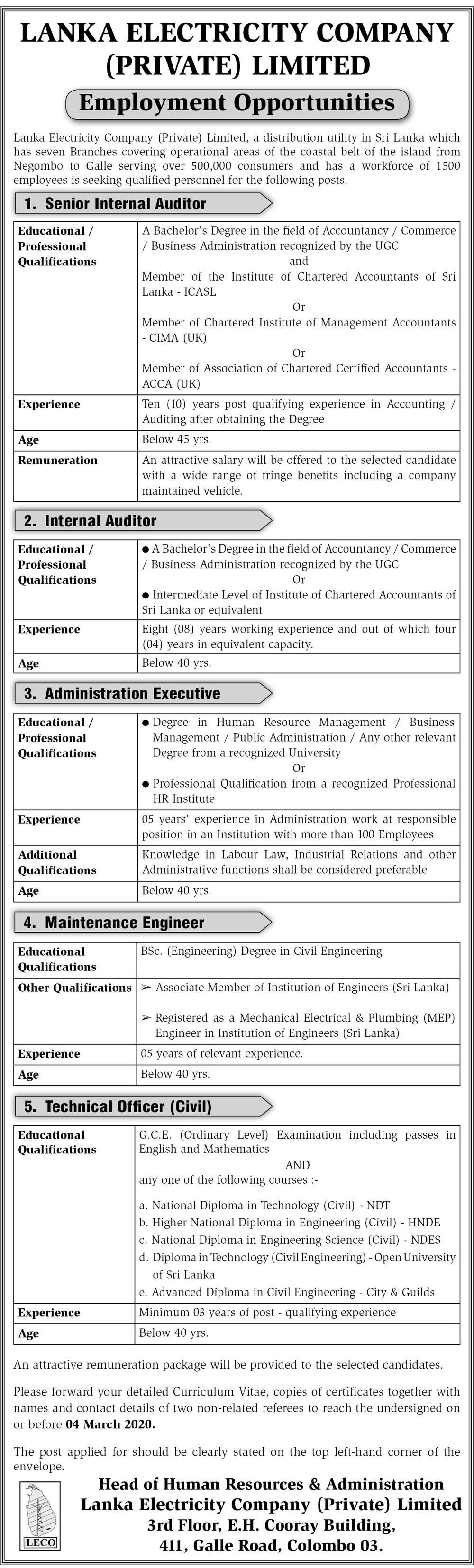 Senior Internal Auditor, Internal Auditor, Administration Executive, Maintenance Engineer, Technical Officer (Civil) - Lanka Electricity Company (Private) Limited