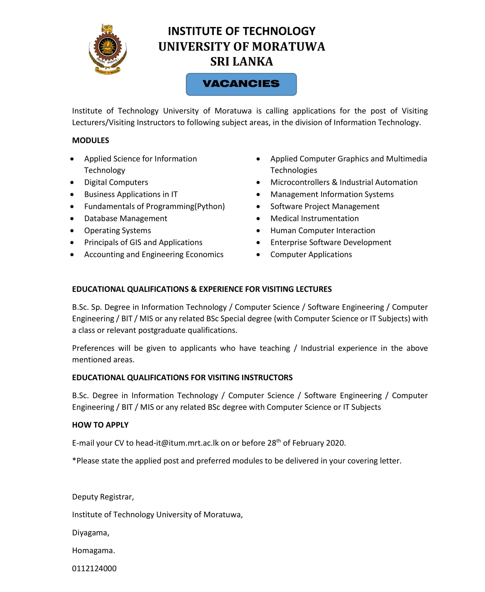 Visiting Lecturer, Visiting Instructor - Institute of Technology - University of Moratuwa