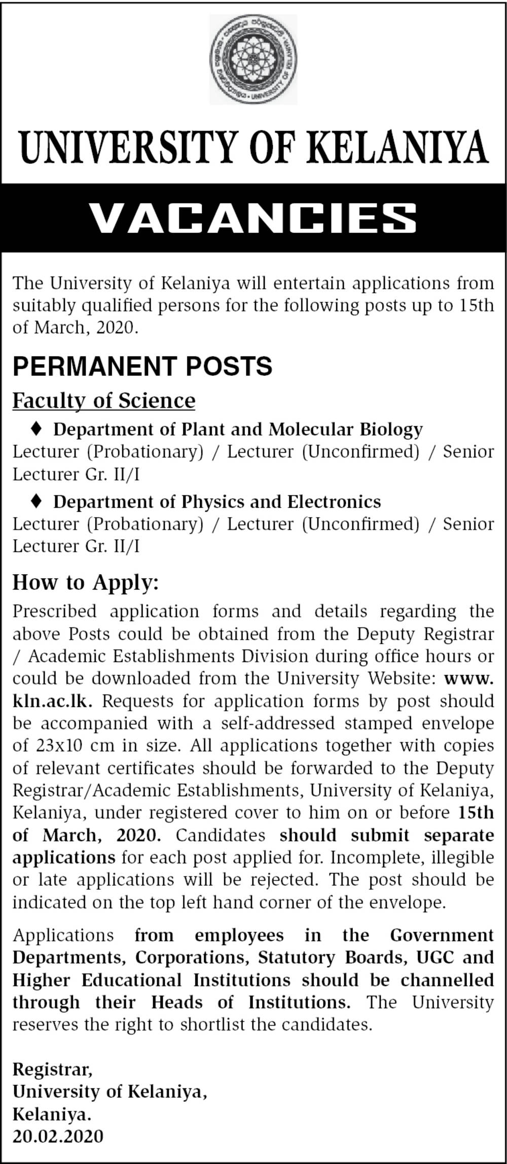 Lecturer, Senior Lecturer - University of Kelaniya