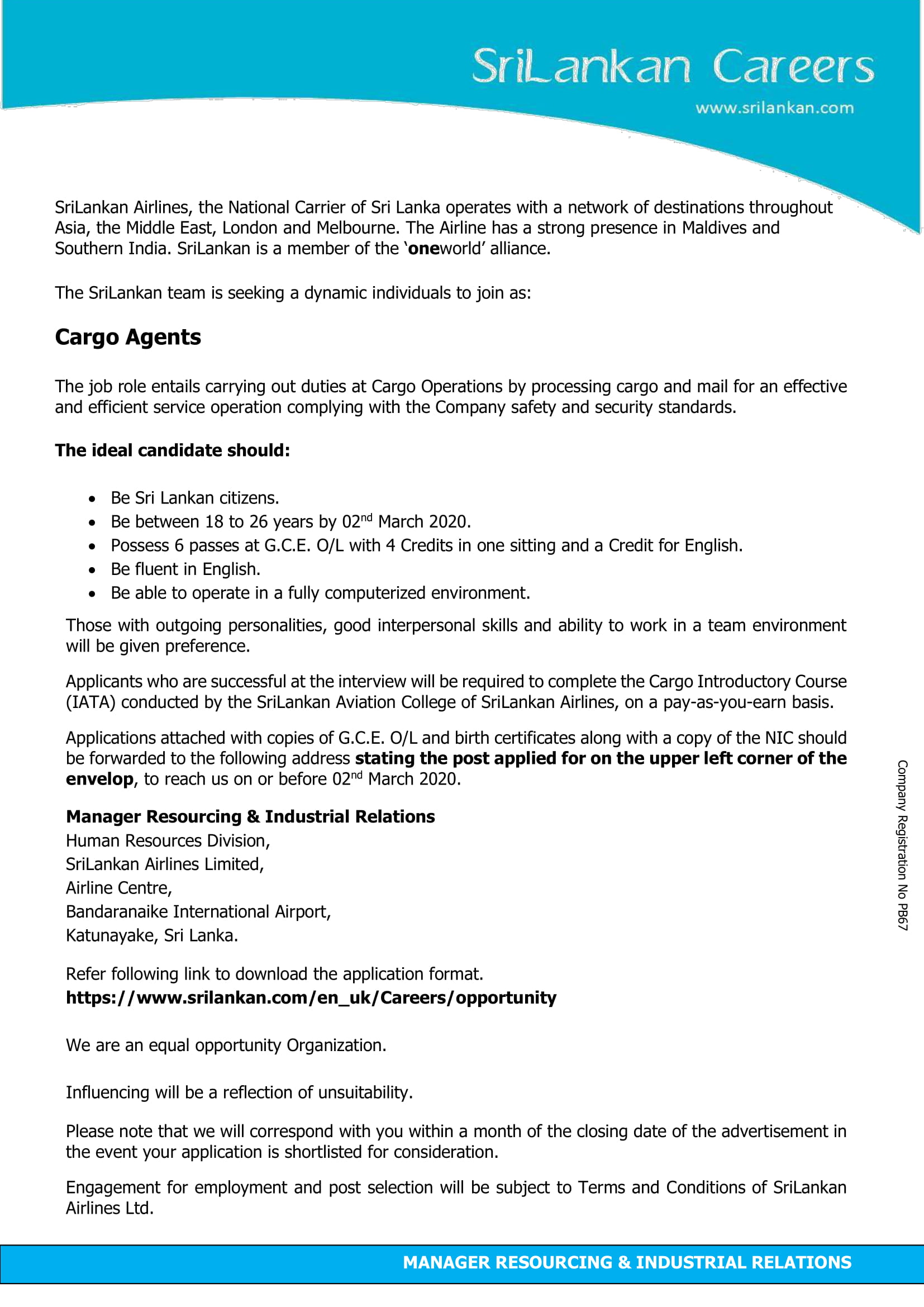 Airport Service Agent, Cargo Agent - Sri Lankan Airlines Ltd