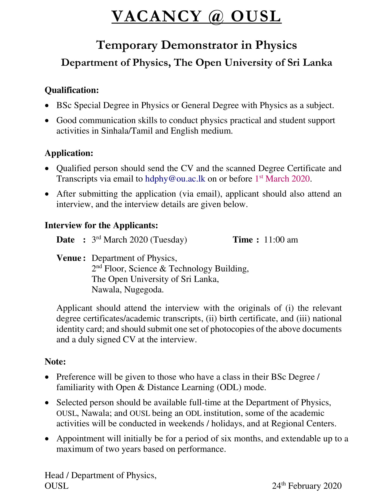 Demonstrator - The Open University of Sri Lanka