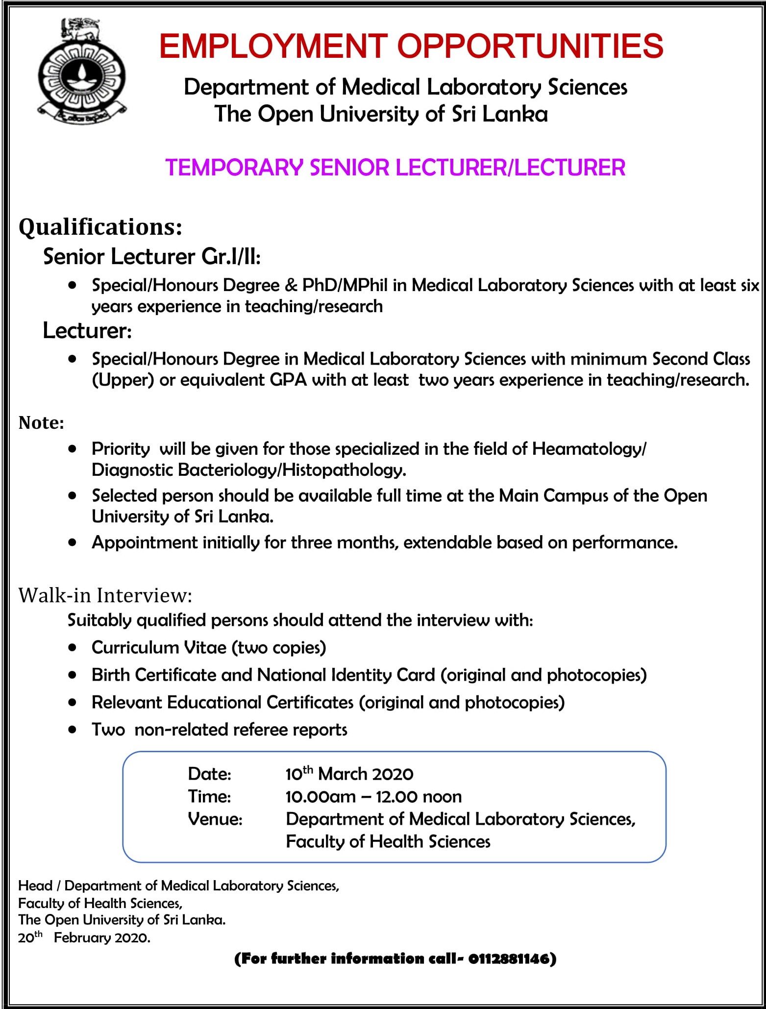 Senior Lecturer, Lecturer - The Open University of Sri Lanka