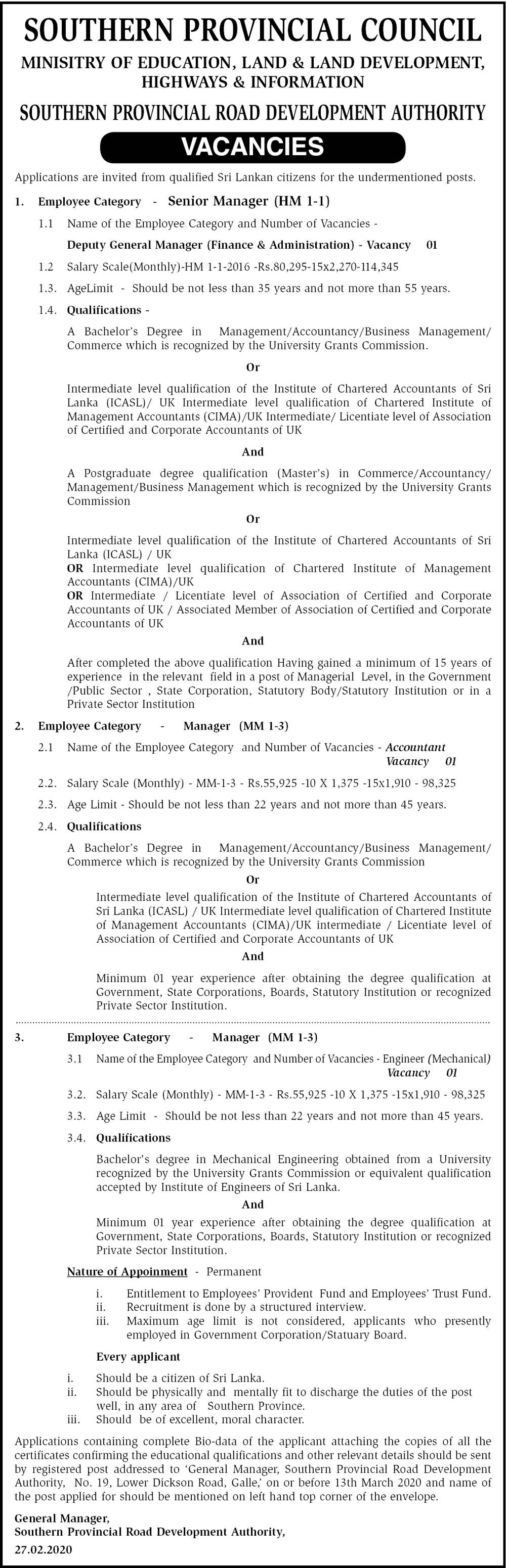 Accountant, Engineer (Mechanical), Deputy General Manager (Finance & Administration) - Southern Provincial Road Development Authority