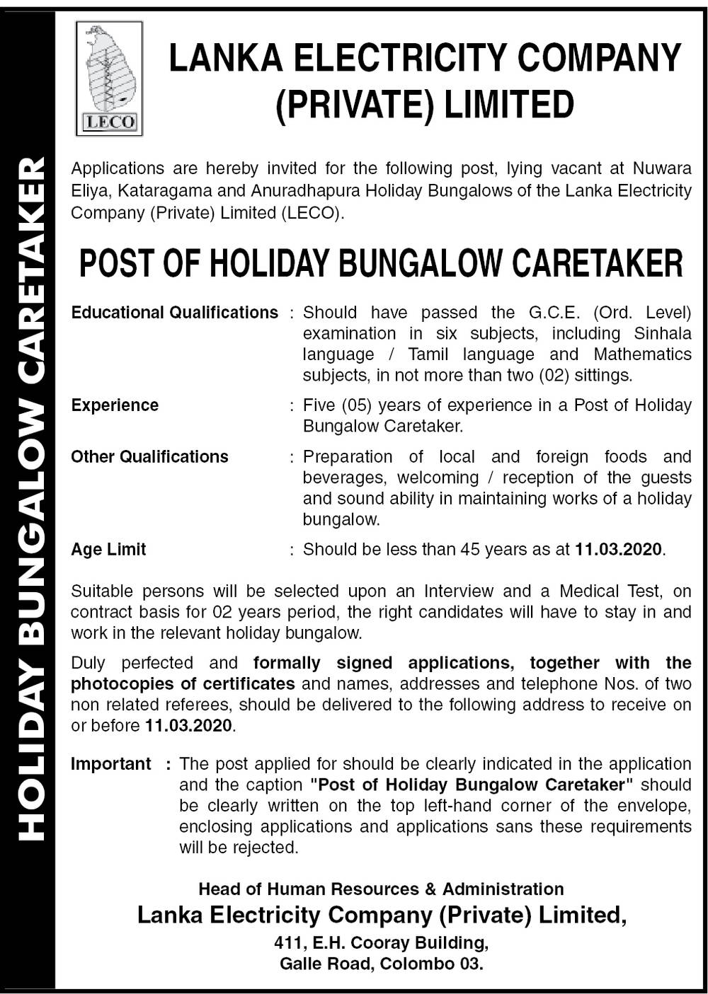 Holiday Bungalow Caretaker - Lanka Electricity Company (Pvt) Ltd