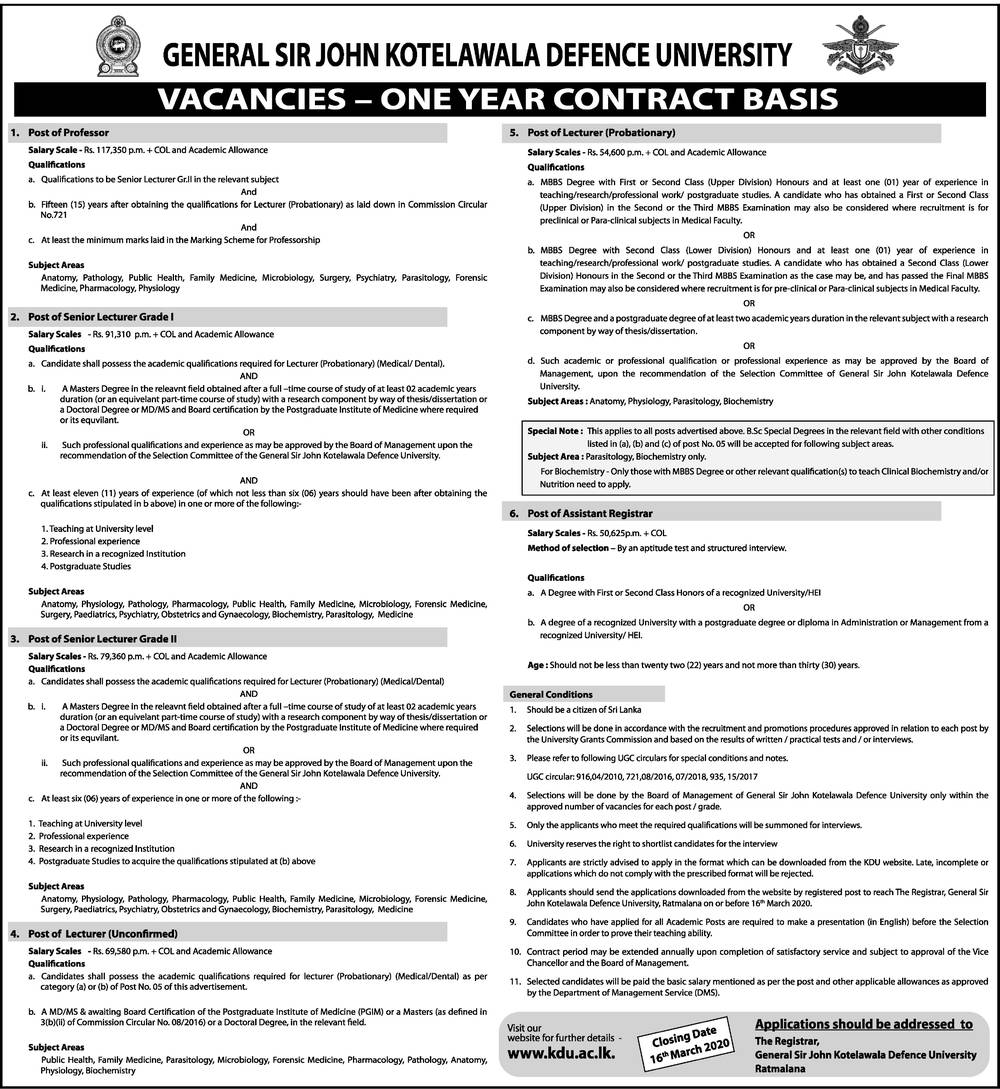 Professor, Senior Lecturer, Lecturer, Assistant Registrar - General Sir John Kotelawala Defence University