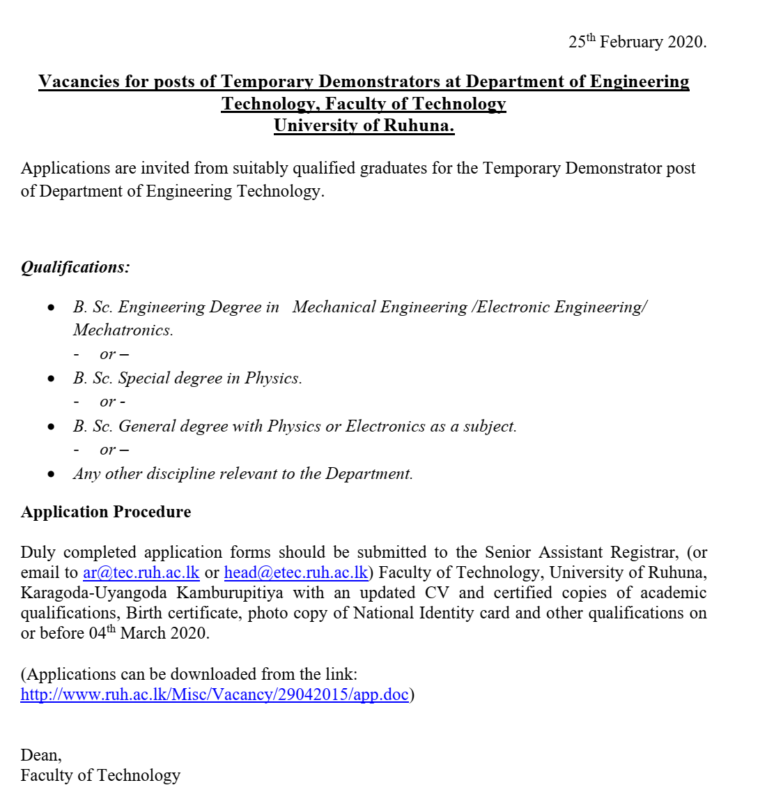 Demonstrator - Faculty of Technology - University of Ruhuna